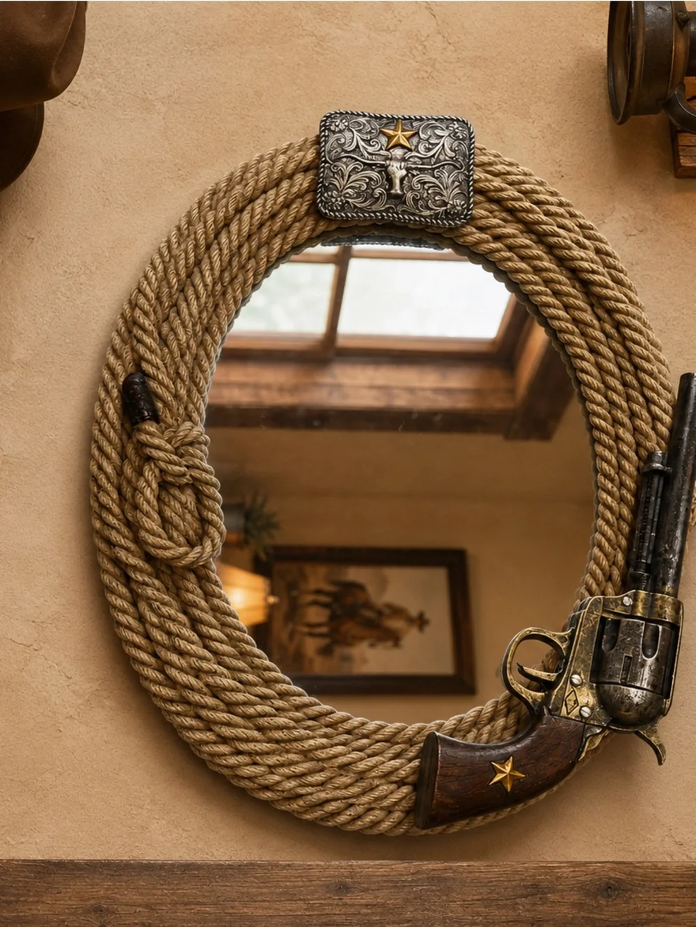 Western Cowboy Oval Rope Wall Mirror with Revolver & Sheriff Star Accents